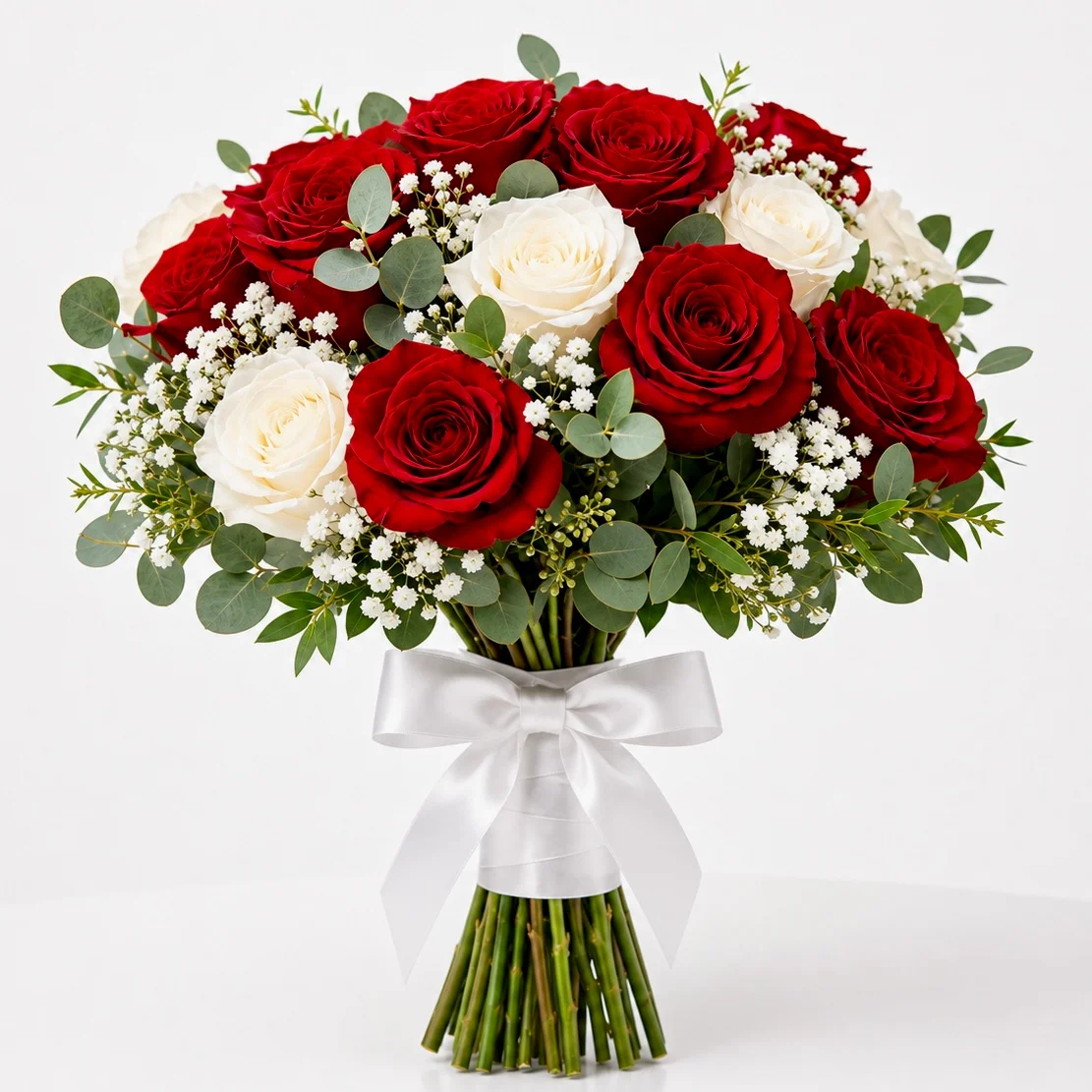 Together in Love 15 red and white rose bunch beautifully wrapped for Girlfriend's Day and romantic flower gifting